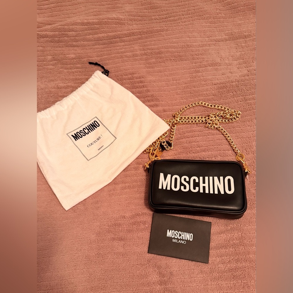 Moschino Black Leather Mini Crossbody with Gold Chain Trim. Free gift w/purchase